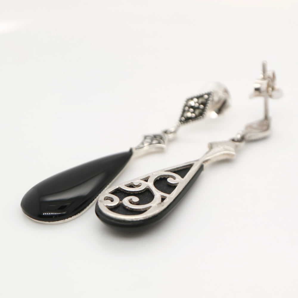 Art deco drop earrings with onyx drop, marcasite in sterling silver