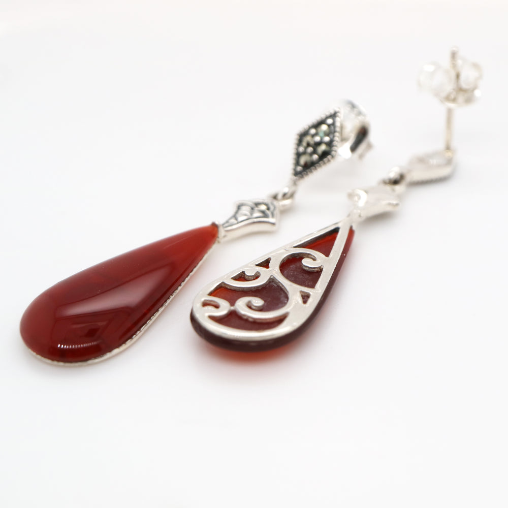 Art deco drop earrings with carnelian drop, marcasite in sterling silver