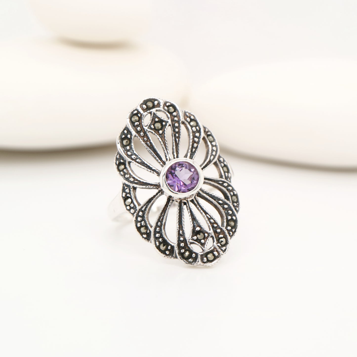 Marcasite flower ring with amethyst in sterling silver