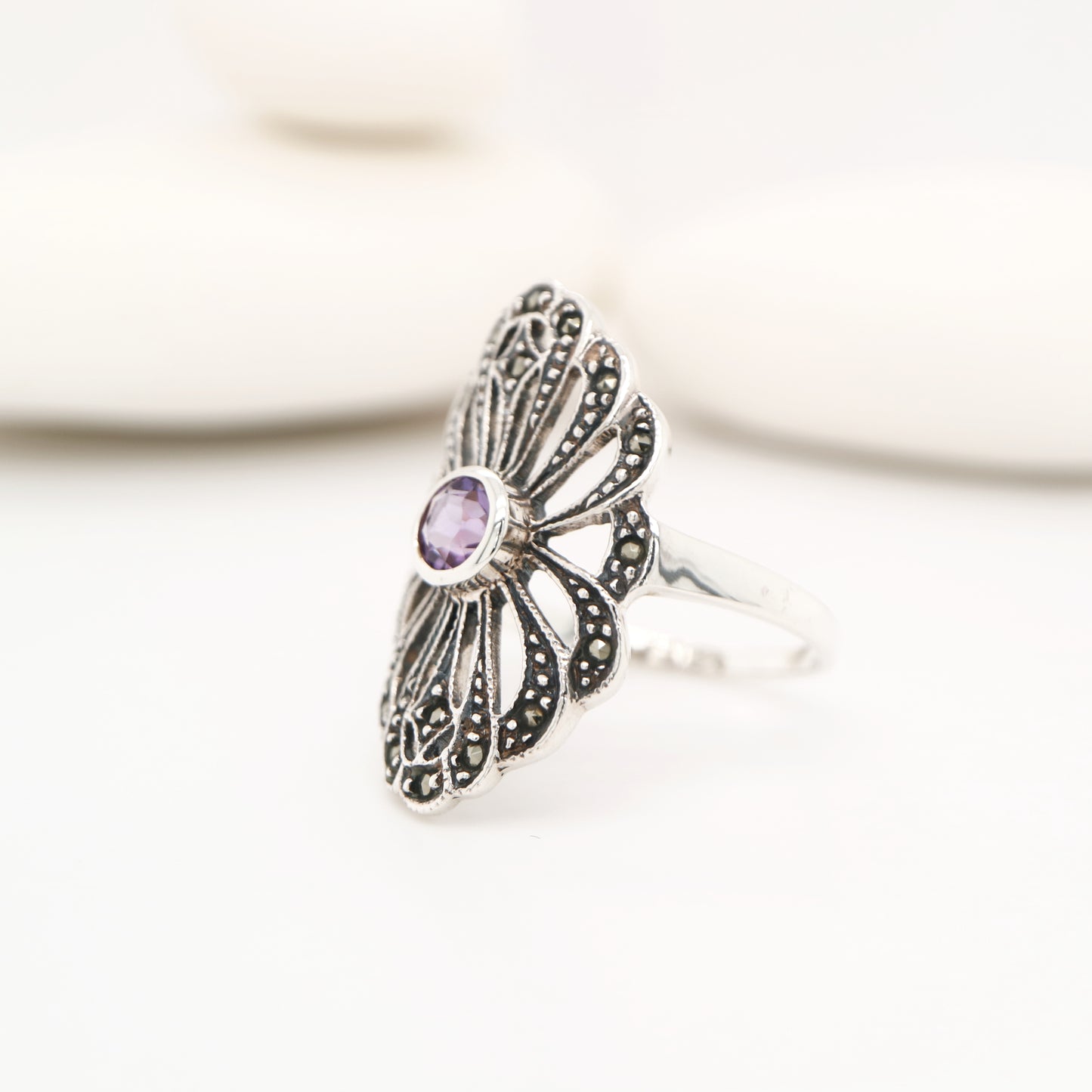 Marcasite flower ring with amethyst in sterling silver