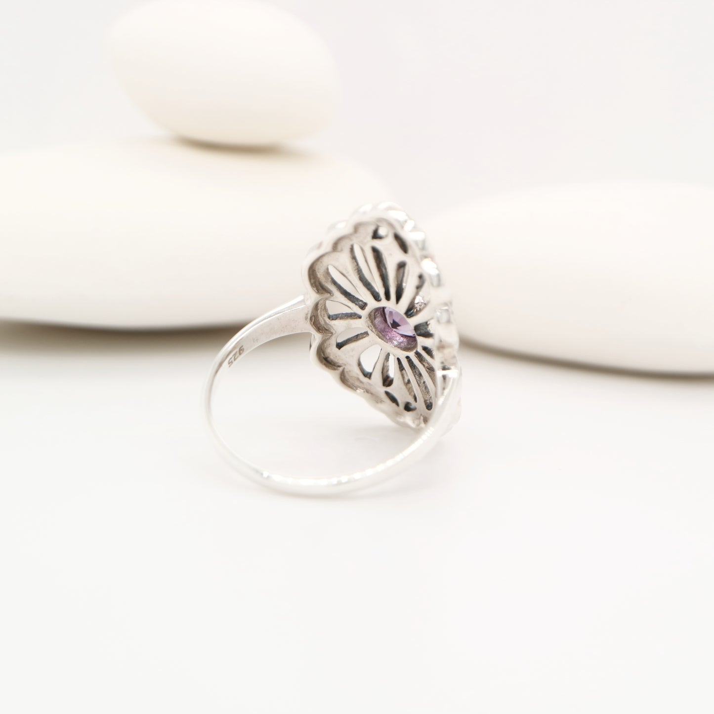 Marcasite flower ring with amethyst in sterling silver