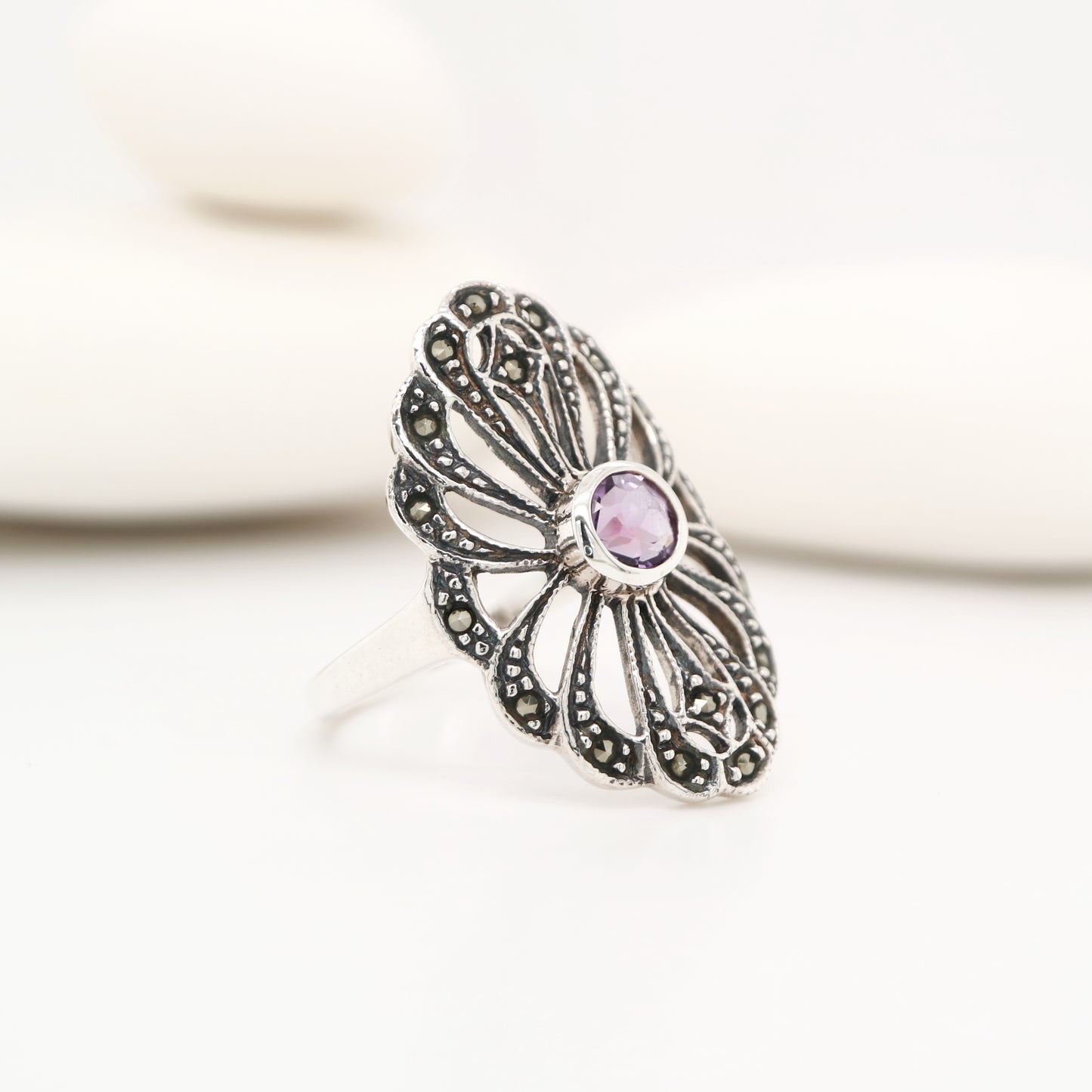 Marcasite flower ring with amethyst in sterling silver