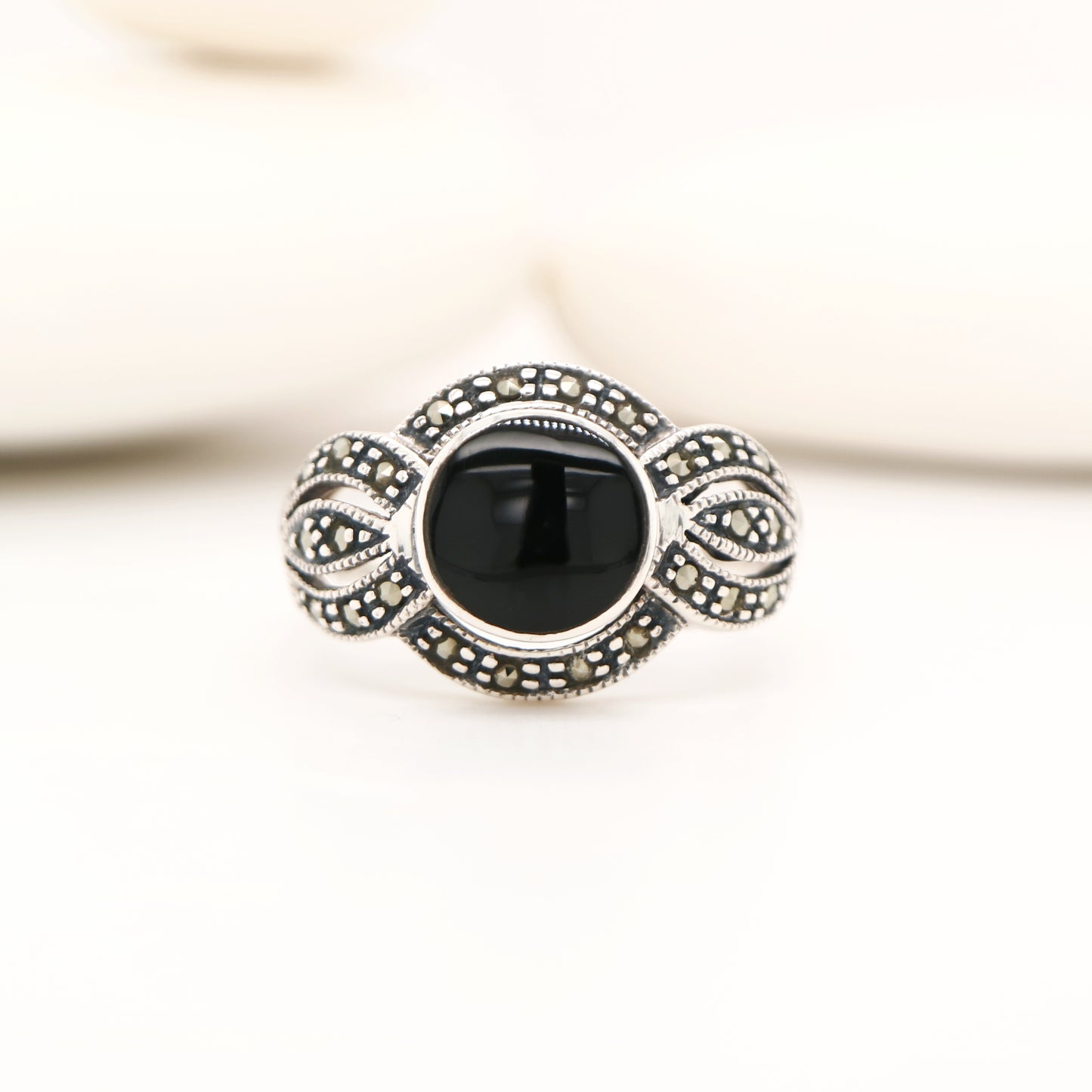 Marcasite and onyx ring in sterling silver