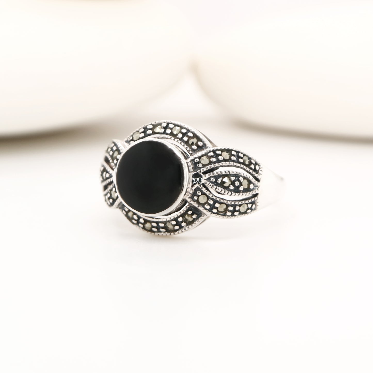 Marcasite and onyx ring in sterling silver