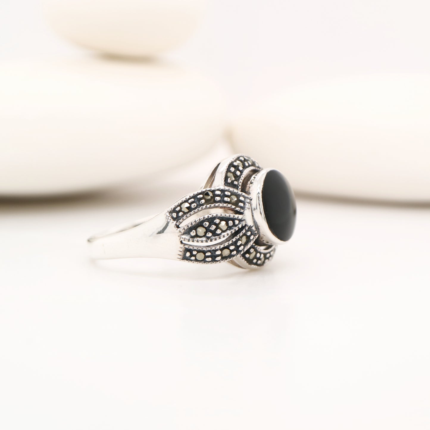 Marcasite and onyx ring in sterling silver