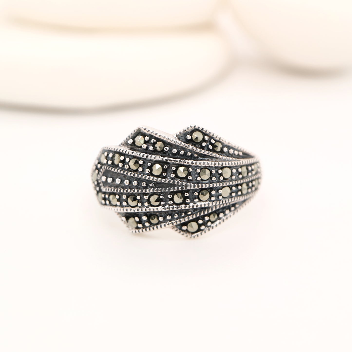 Marcasite fan ring in sterling silver