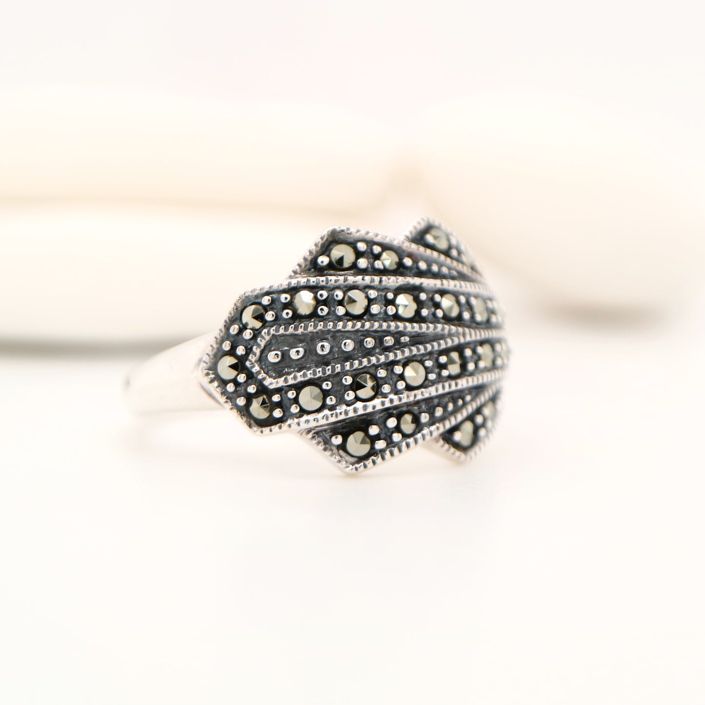 Marcasite fan ring in sterling silver