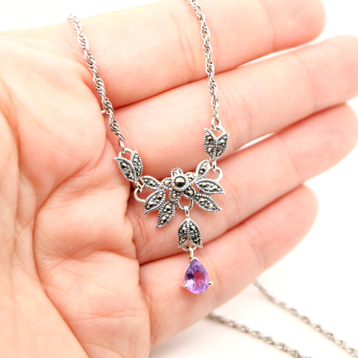 Floral Petal Necklace with Amethyst and Marcasite in Silver