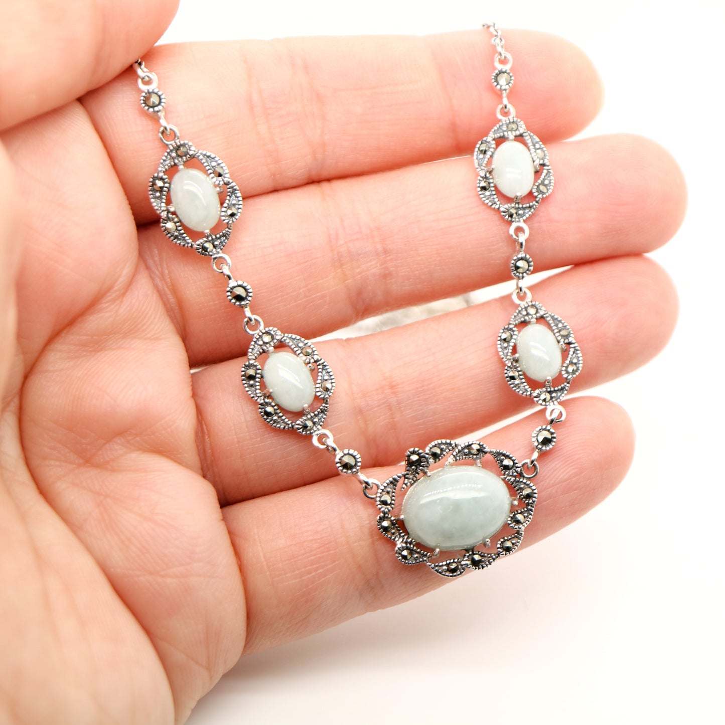 Jade and Marcasite Necklace in Sterling Silver
