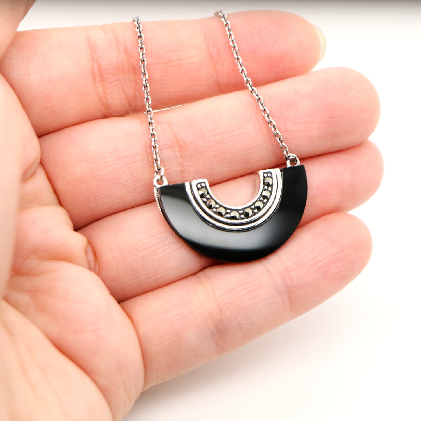 Art Deco Onyx Fan Necklace with Marcasite in Sterling Silver