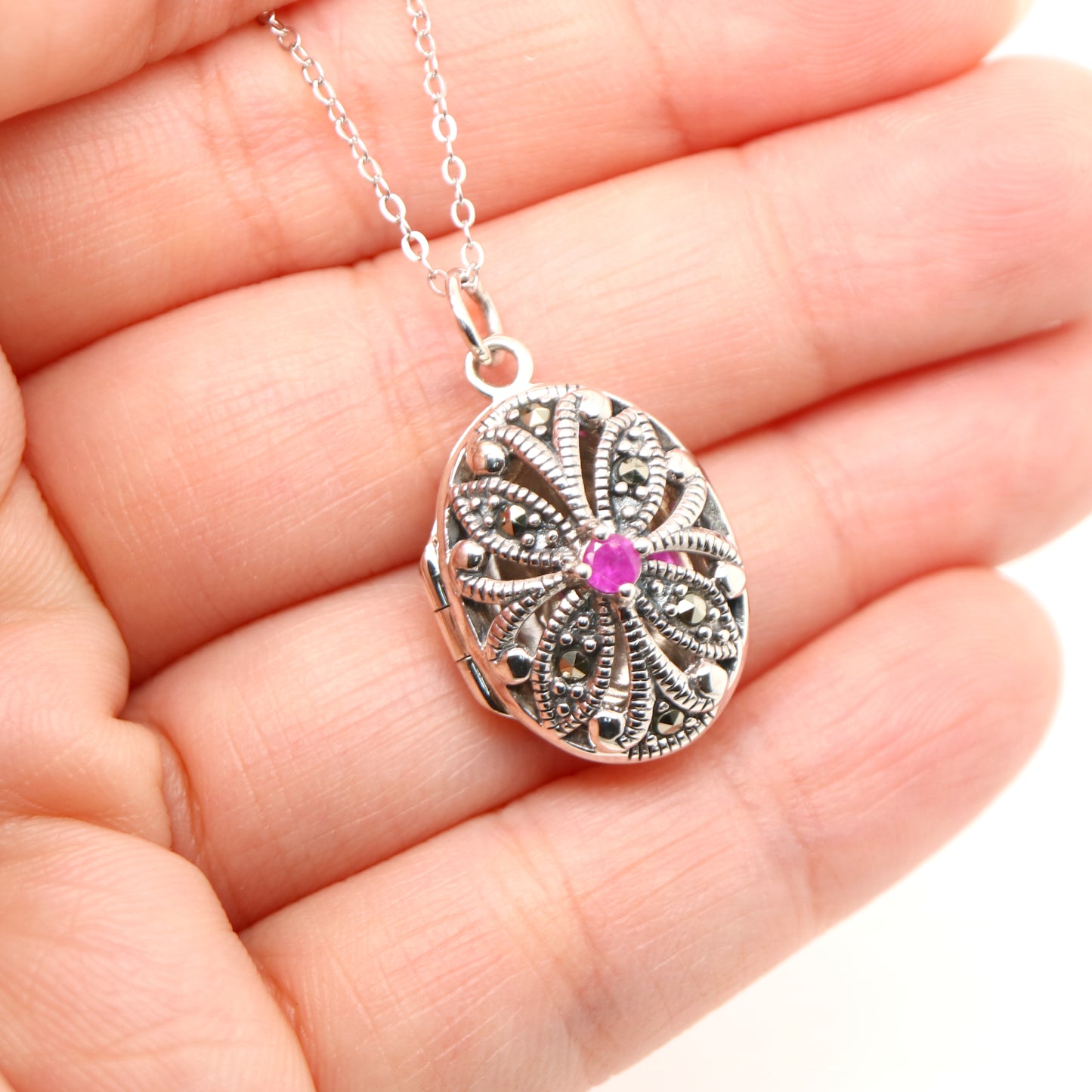 Flower Locket in Sterling Silver with Ruby and Marcasite