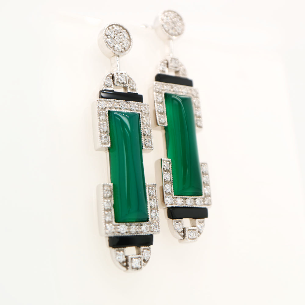 Art deco barrel drop earrings with green agate and onyx, sterling silver and cubic zirconia
