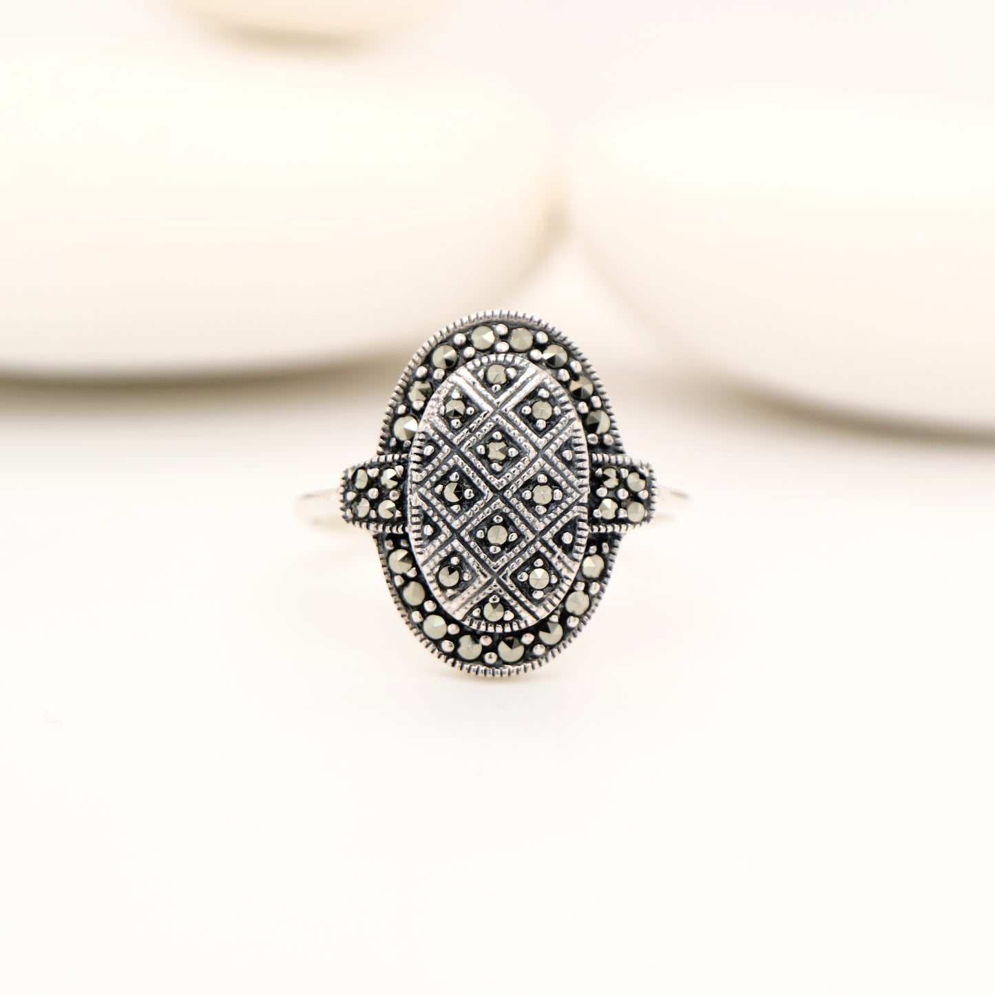 Stacked oval art deco ring with marcasite in sterling silver