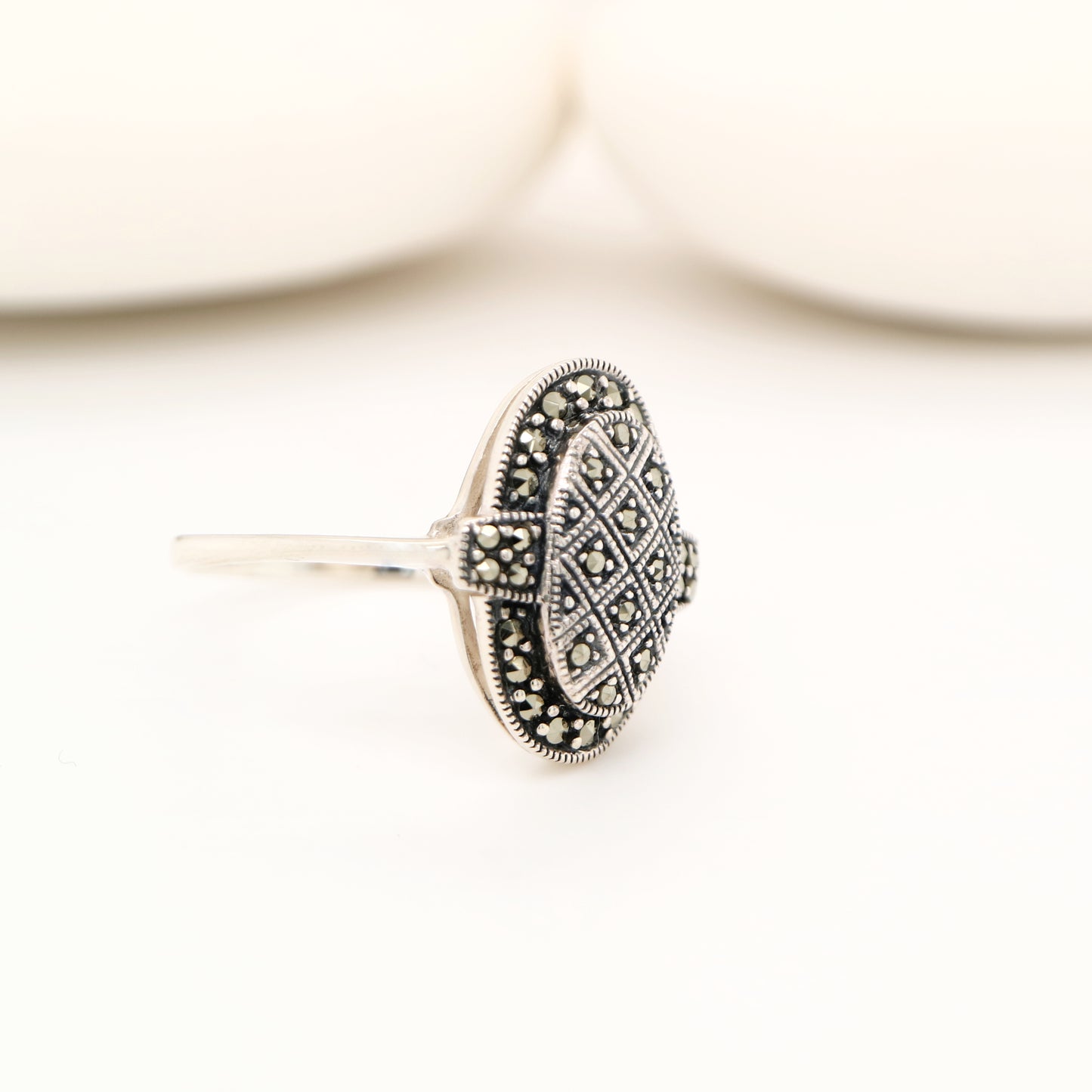 Stacked oval art deco ring with marcasite in sterling silver