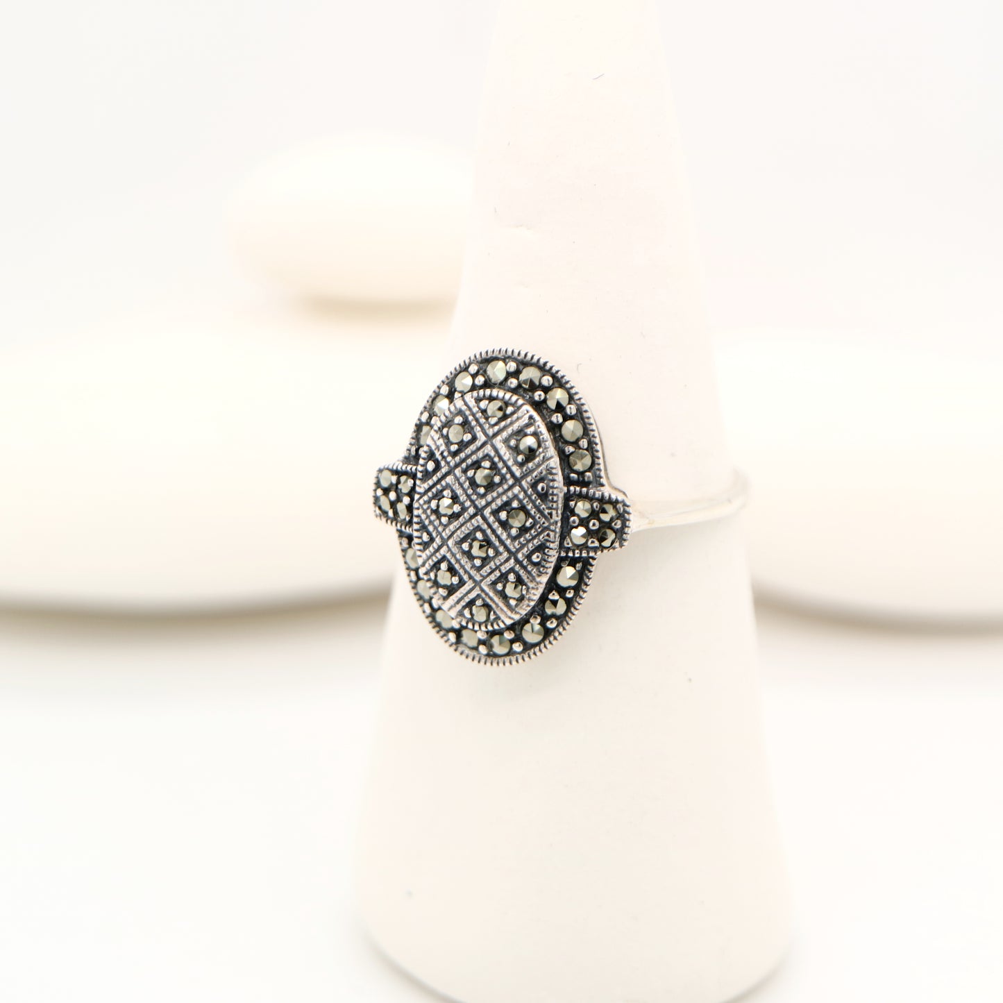Stacked oval art deco ring with marcasite in sterling silver