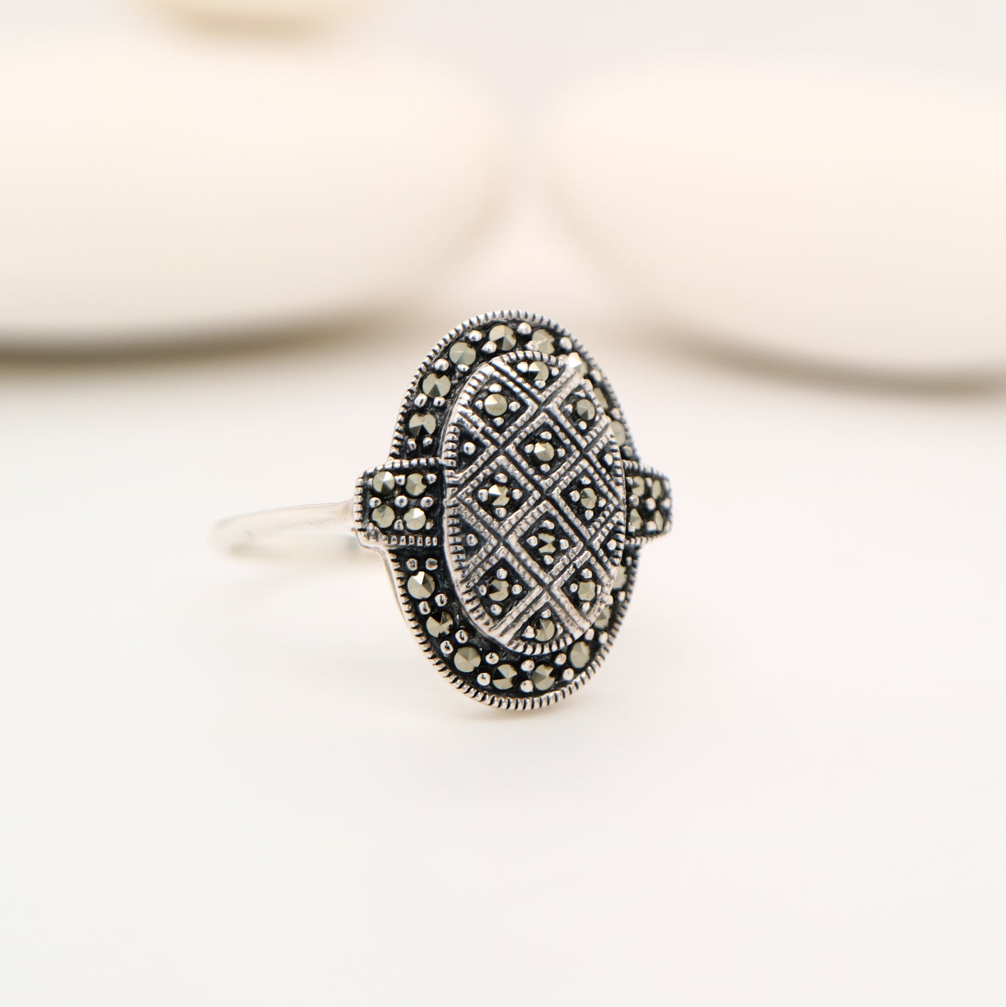 Stacked oval art deco ring with marcasite in sterling silver