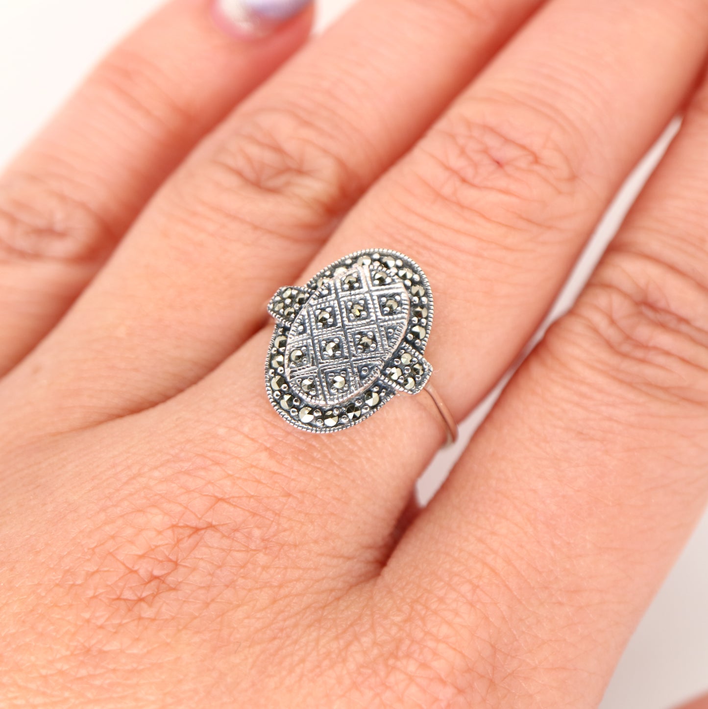 Stacked oval art deco ring with marcasite in sterling silver