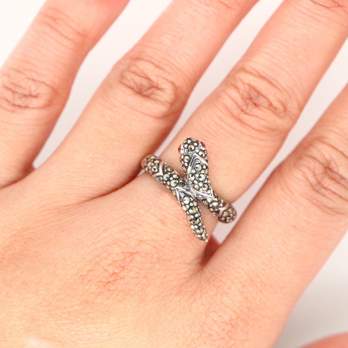 Snake ring with marcasite and garnet in sterling silver