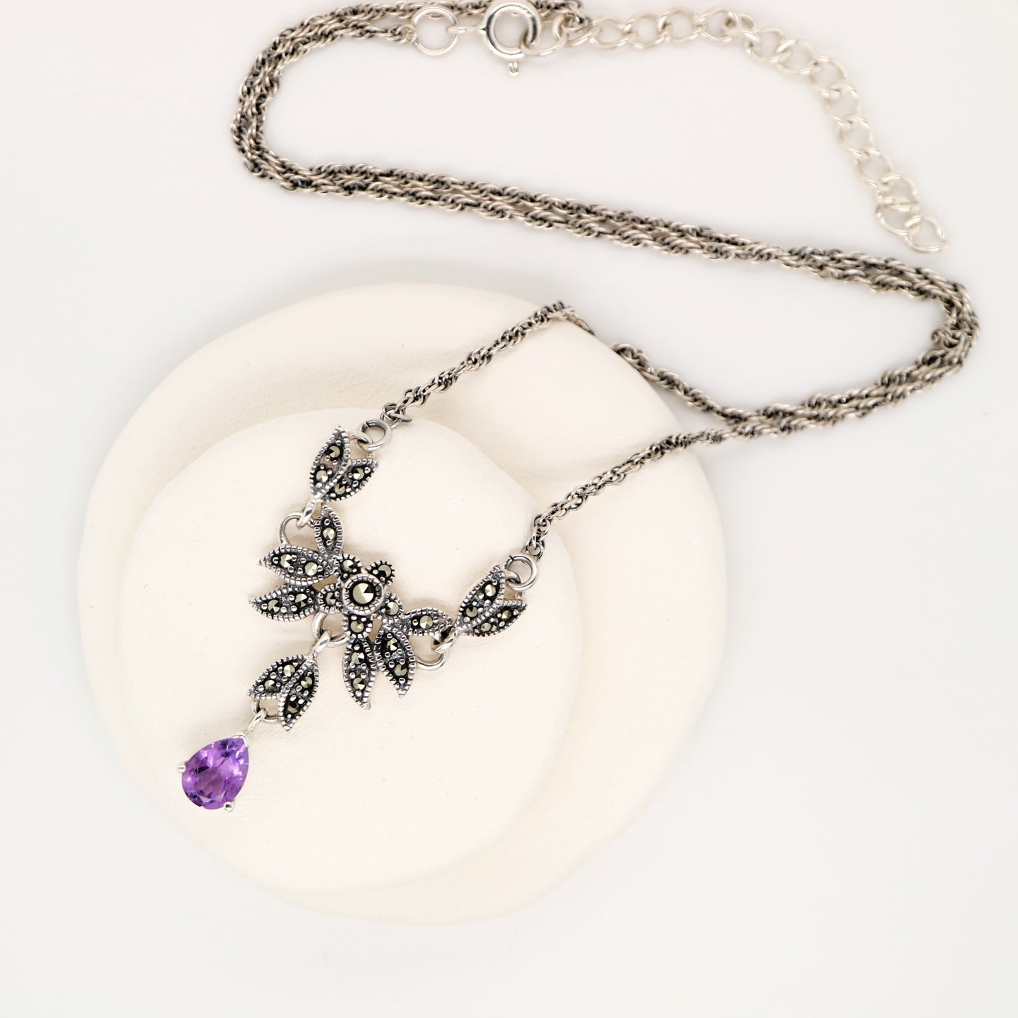 Floral Petal Necklace with Amethyst and Marcasite in Silver
