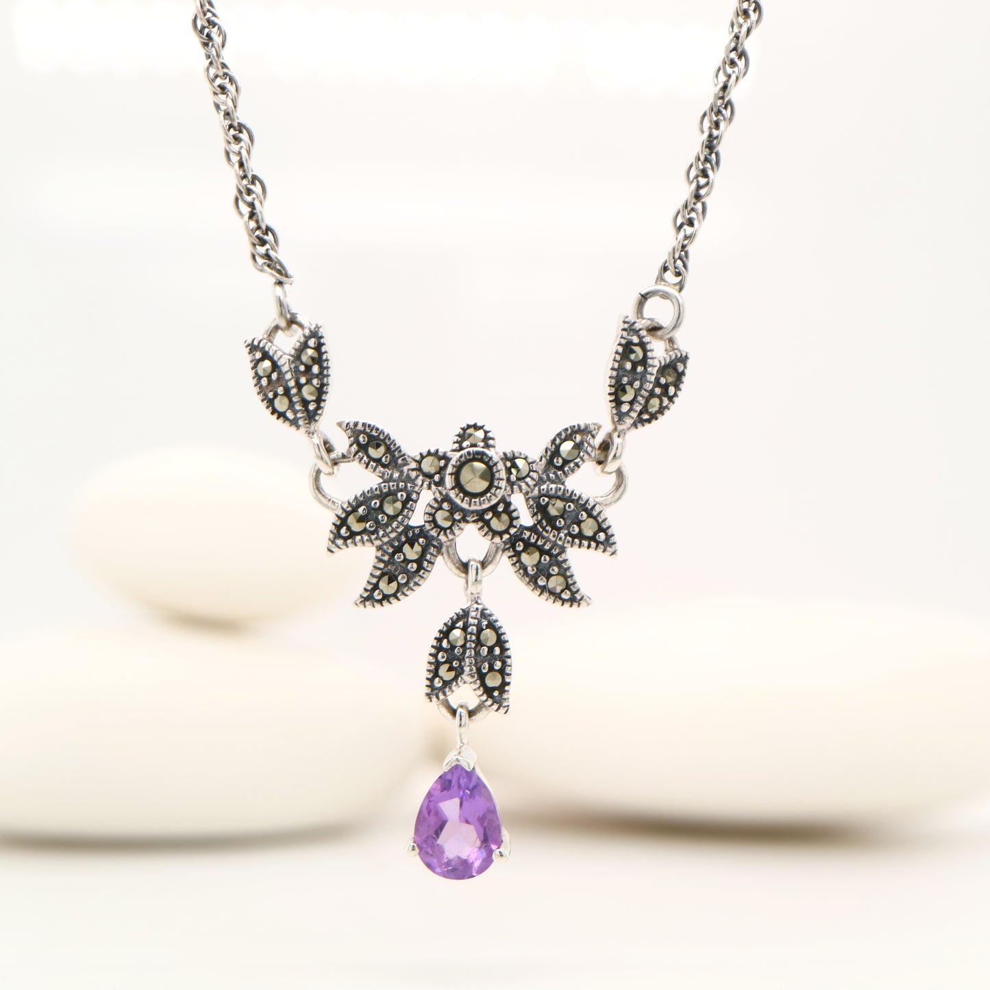 Floral Petal Necklace with Amethyst and Marcasite in Silver