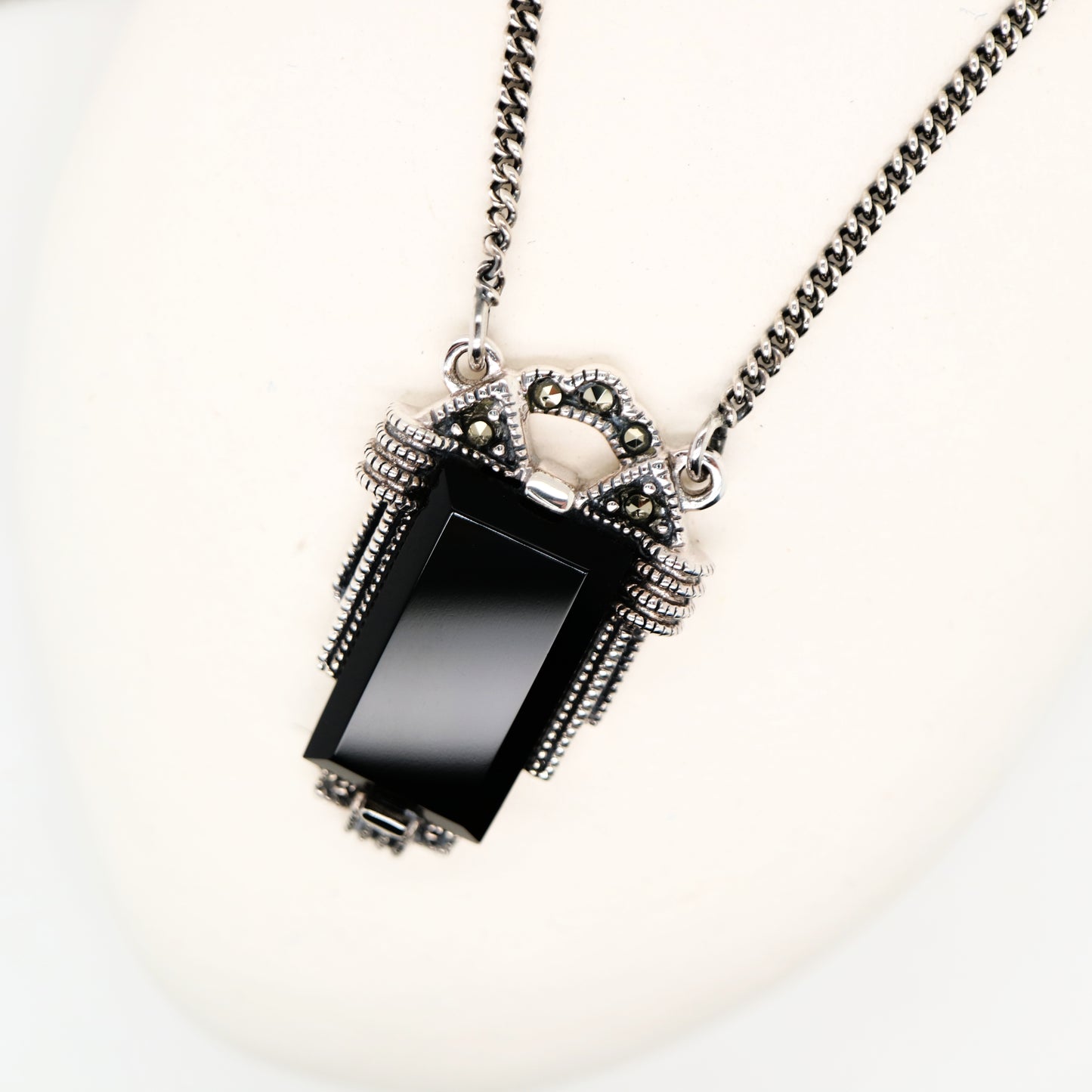 Architectural art deco onyx necklace in sterling silver