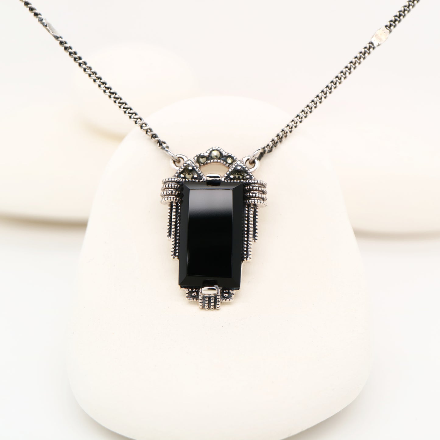Architectural art deco onyx necklace in sterling silver