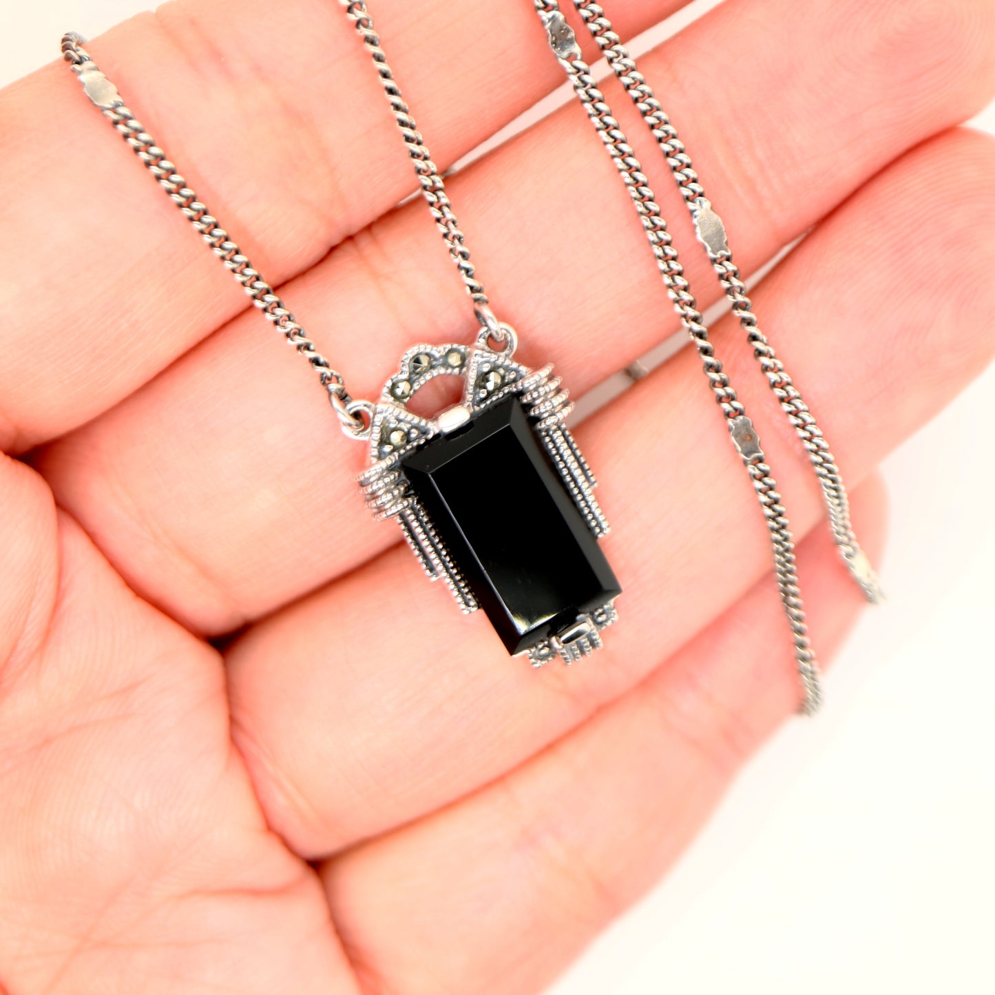 Architectural art deco onyx necklace in sterling silver