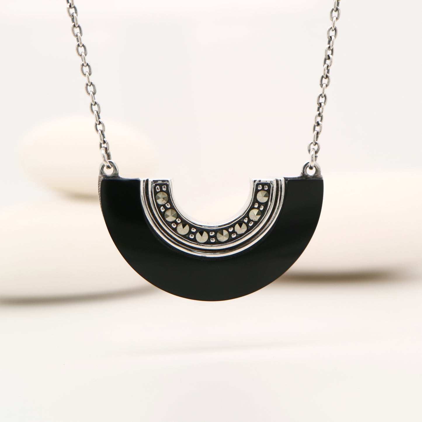 Art Deco Onyx Fan Necklace with Marcasite in Sterling Silver