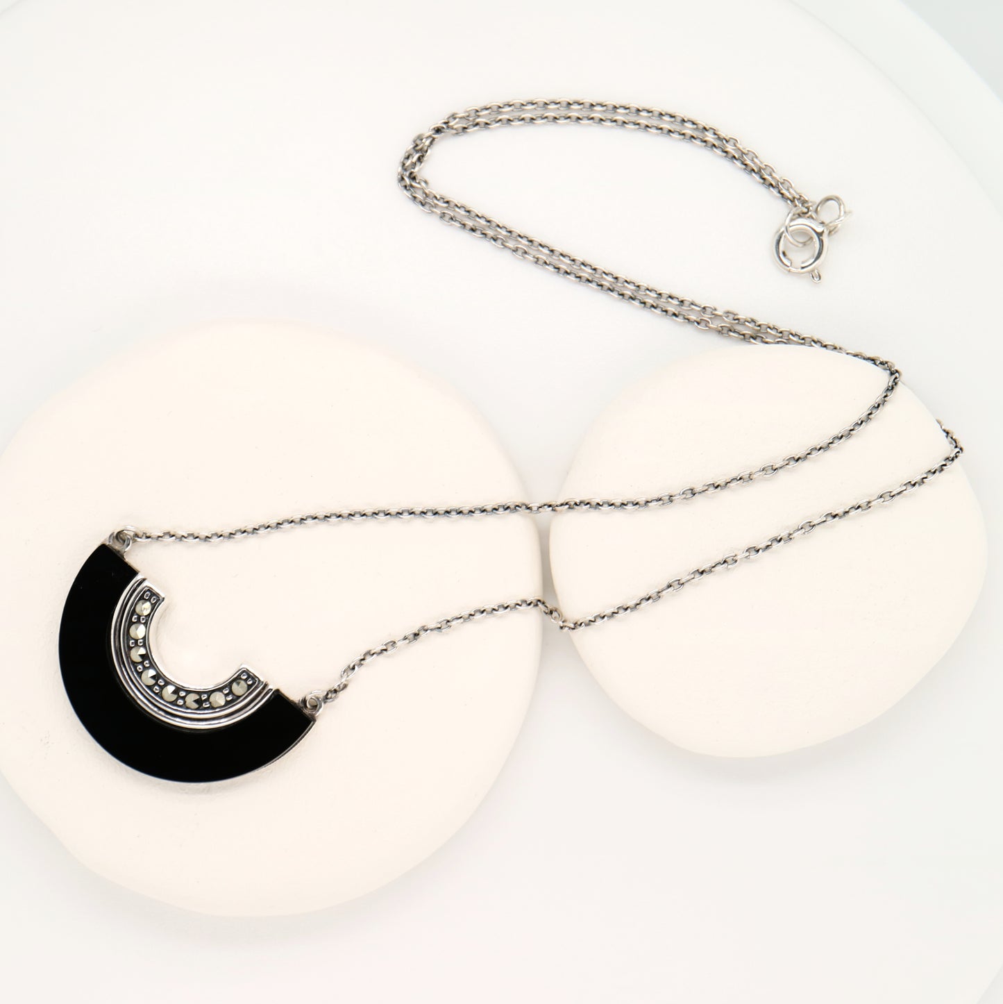 Art Deco Onyx Fan Necklace with Marcasite in Sterling Silver