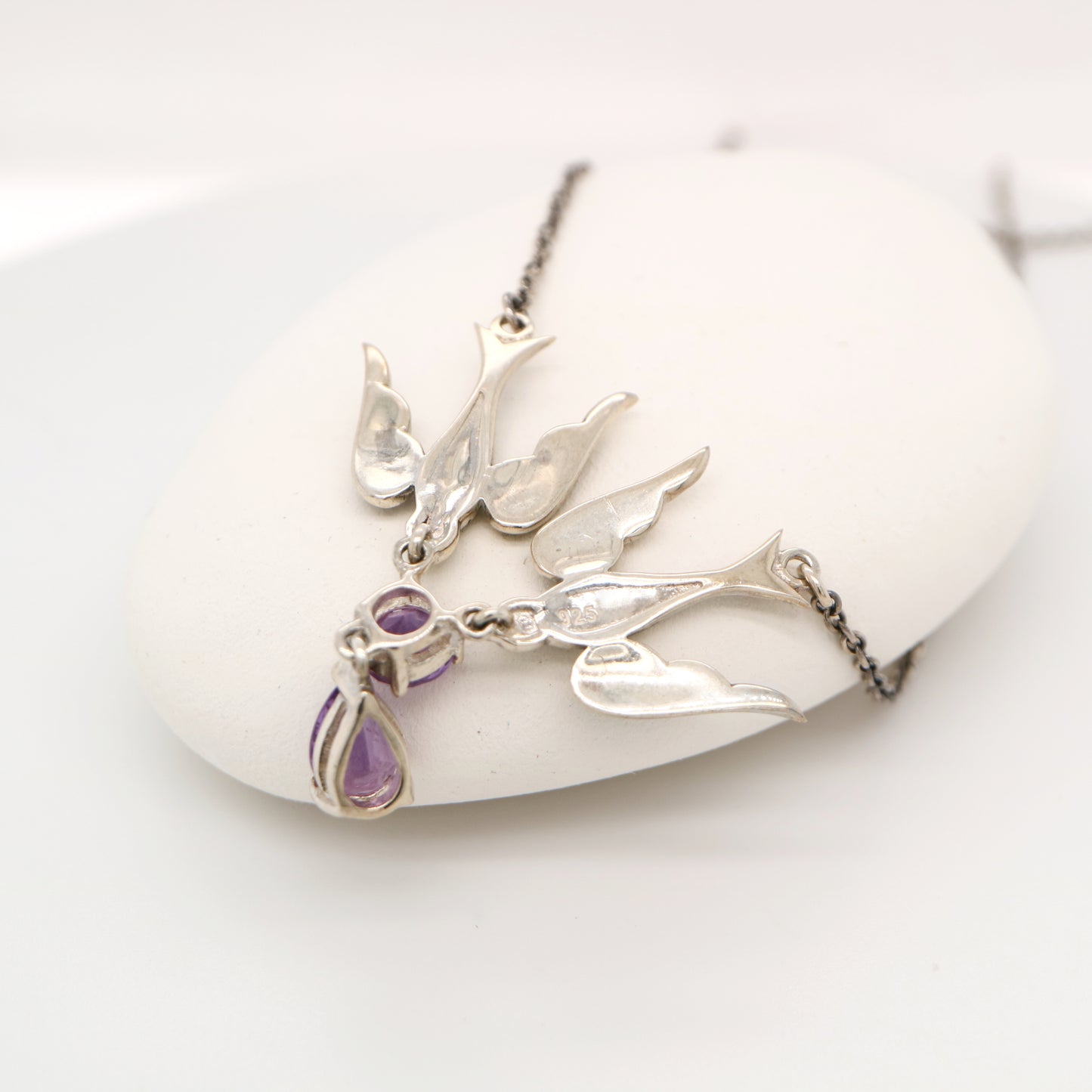 Swallow necklace with Amethyst drop in sterling silver