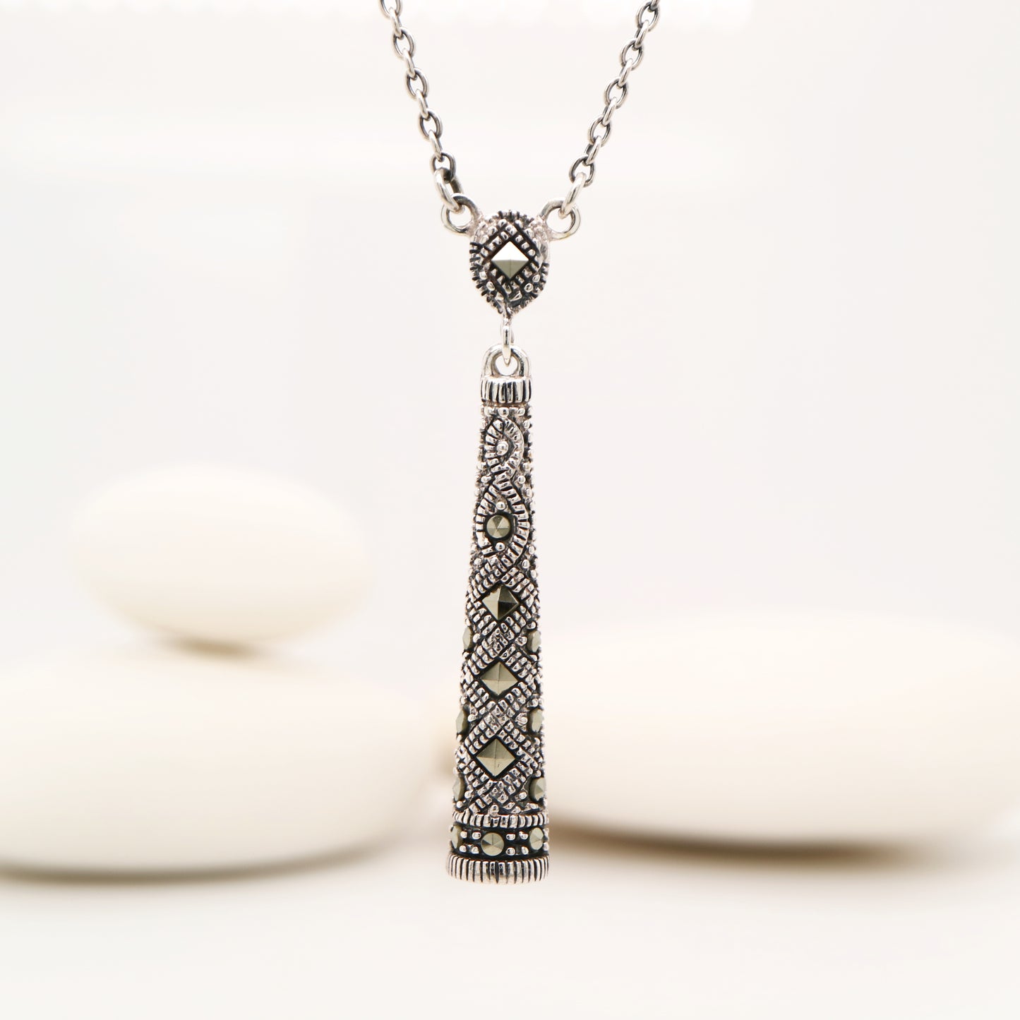 Marcasite pillar pendant necklace in sterling silver