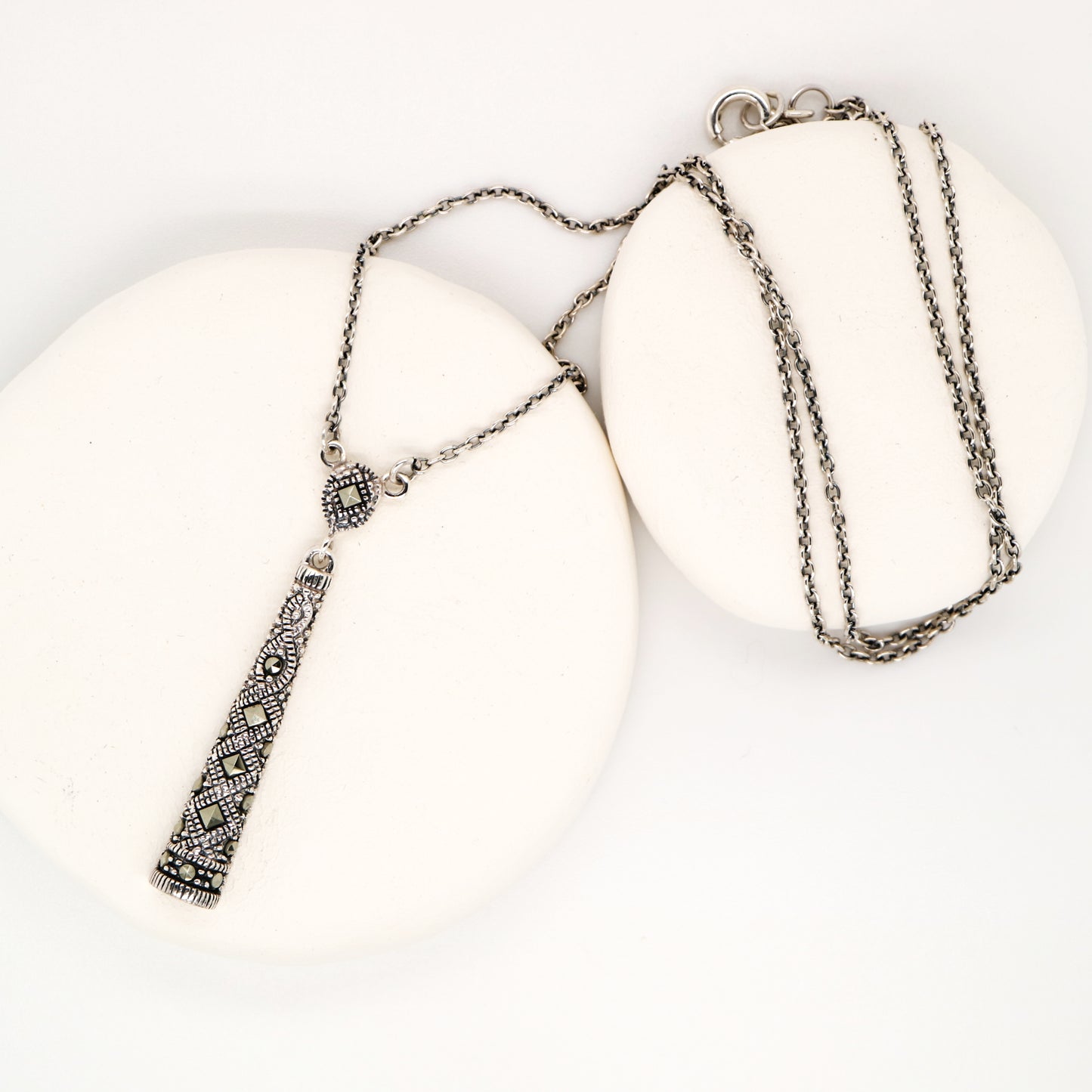 Marcasite pillar pendant necklace in sterling silver