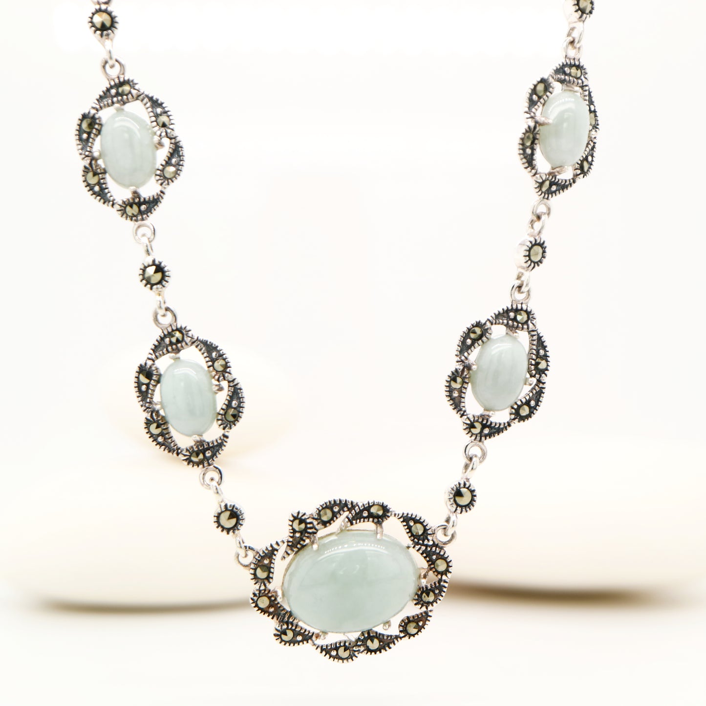 Jade and Marcasite Necklace in Sterling Silver