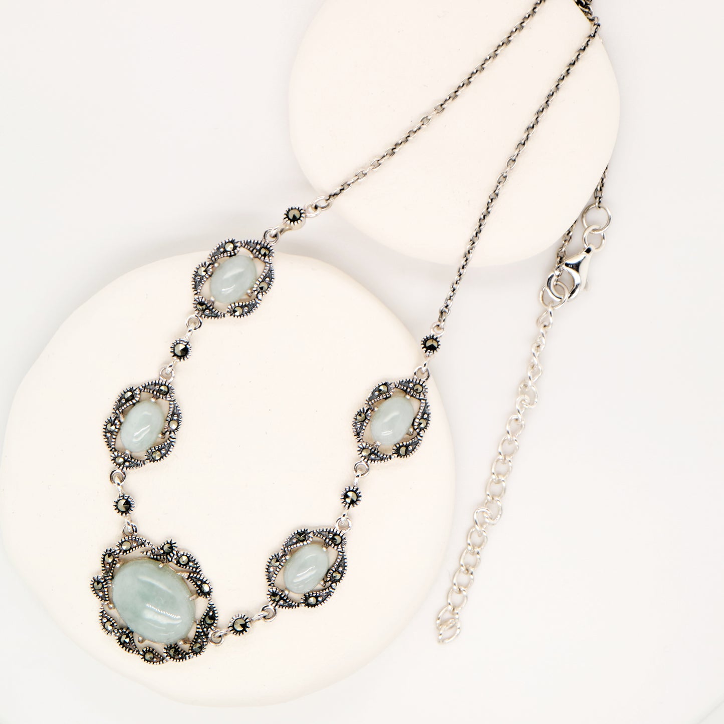 Jade and Marcasite Necklace in Sterling Silver