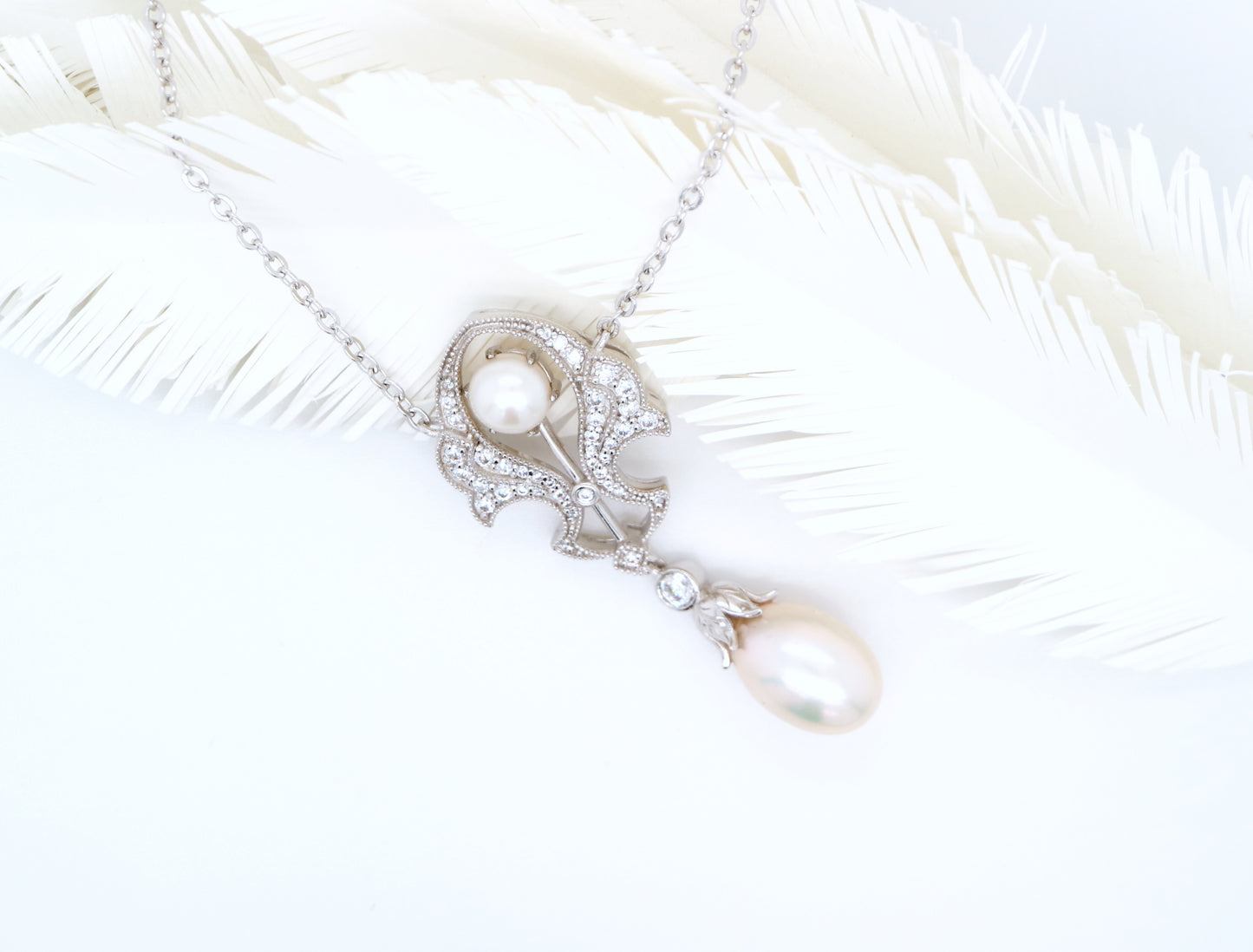 Edwardian pendant with fresh water pearl and CZ in Sterling Silver