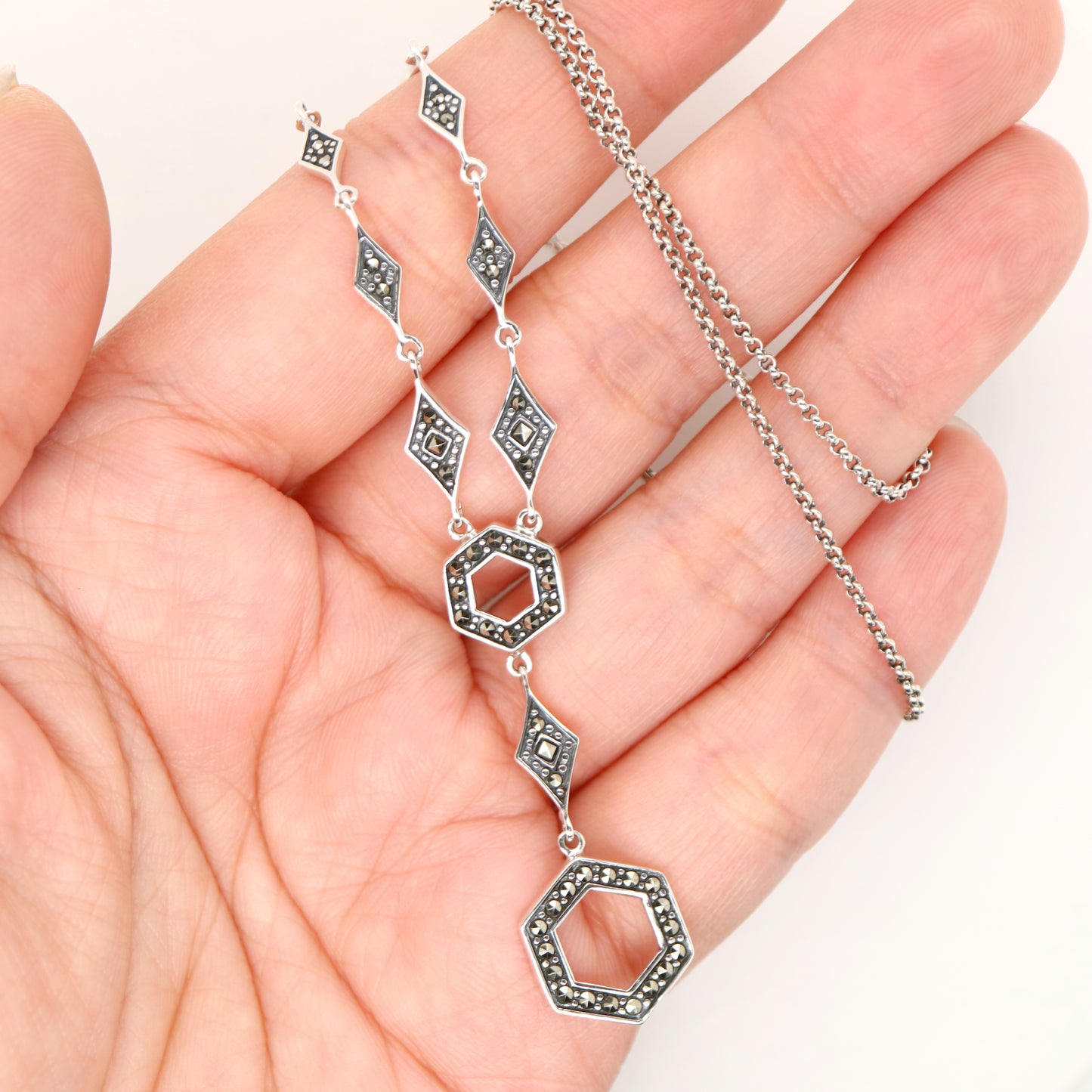 Hexagon Necklace with Marcasite in sterling silver