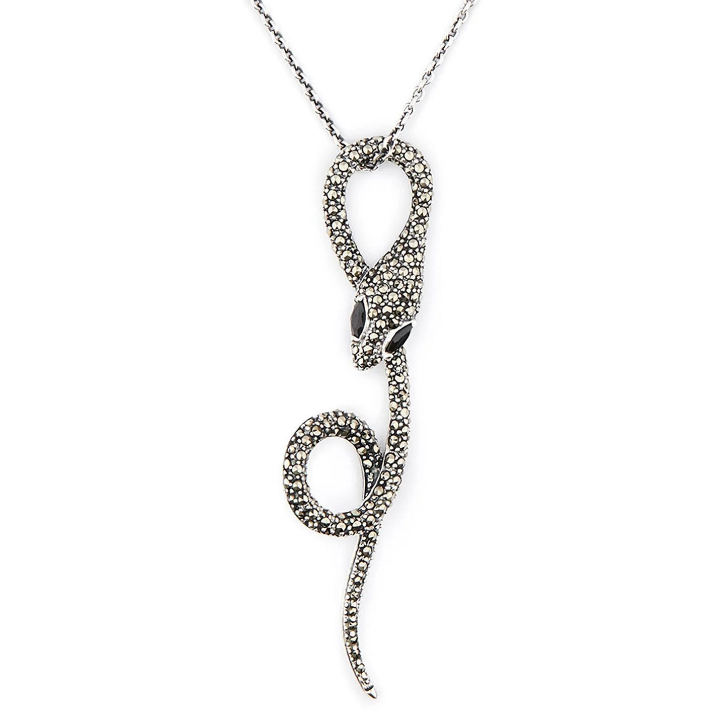 Art Deco Snake Pendant Necklace in Marcasite, Onyx and Sterling Silver