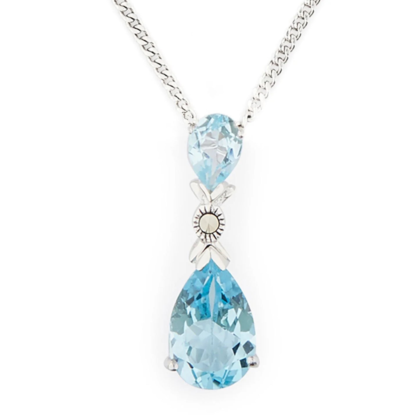 Art Deco Pendant Necklace in Blue Topaz, Marcasite and Sterling Silver