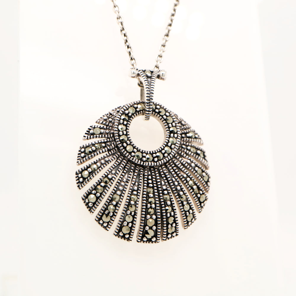 Art Deco Circular Fan Pendant with Marcasite in Silver