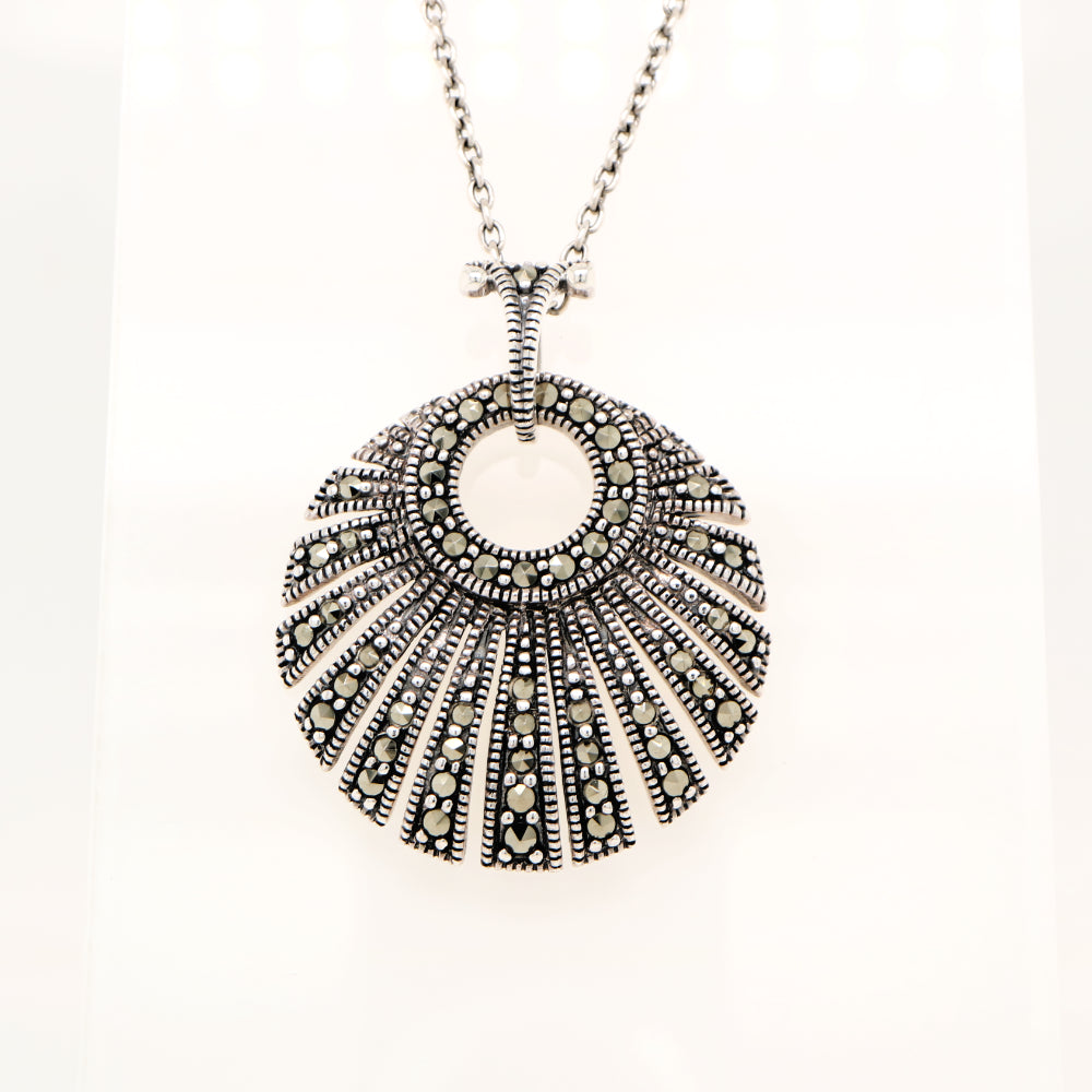 Art Deco Circular Fan Pendant with Marcasite in Silver