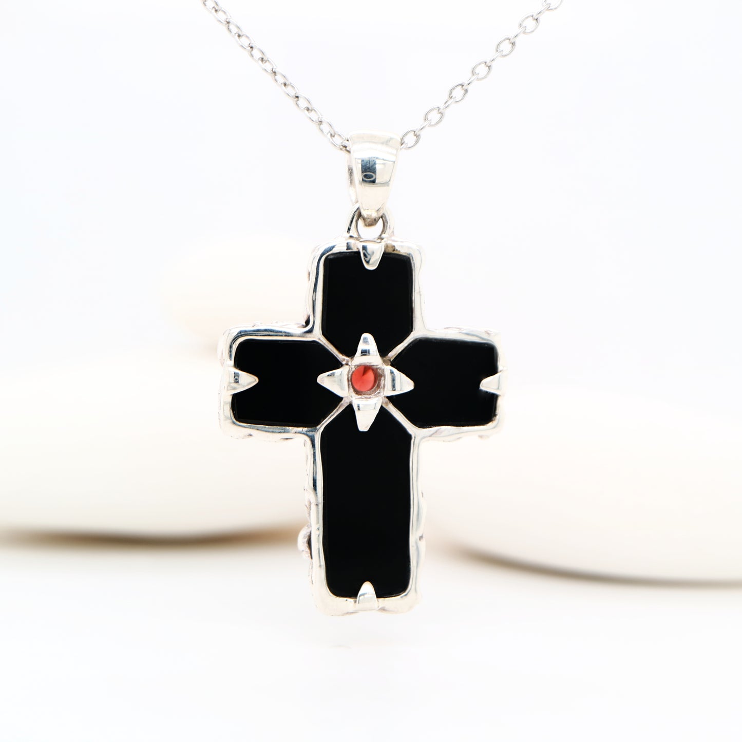 Gothic Cross Pendant in Onyx Marcasite Garnet and Sterling Silver