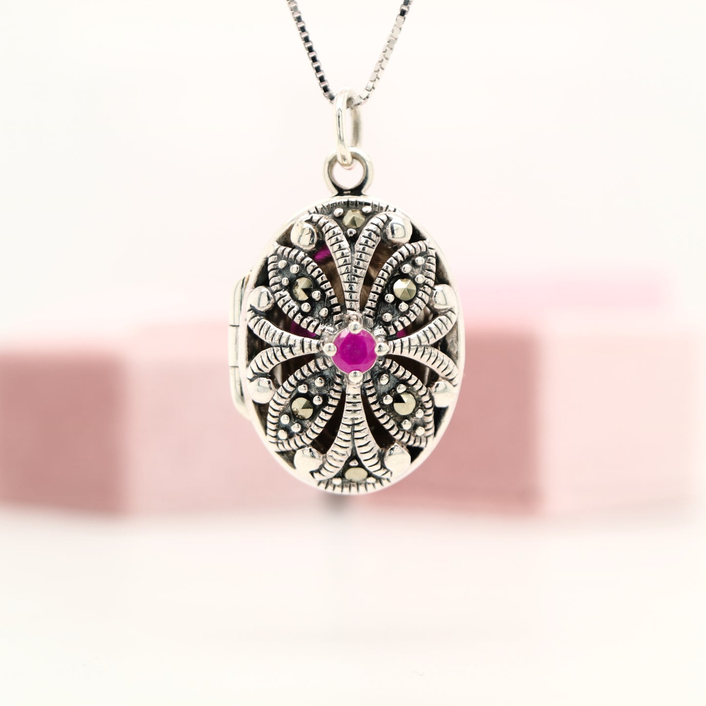 Flower Locket in Sterling Silver with Ruby and Marcasite