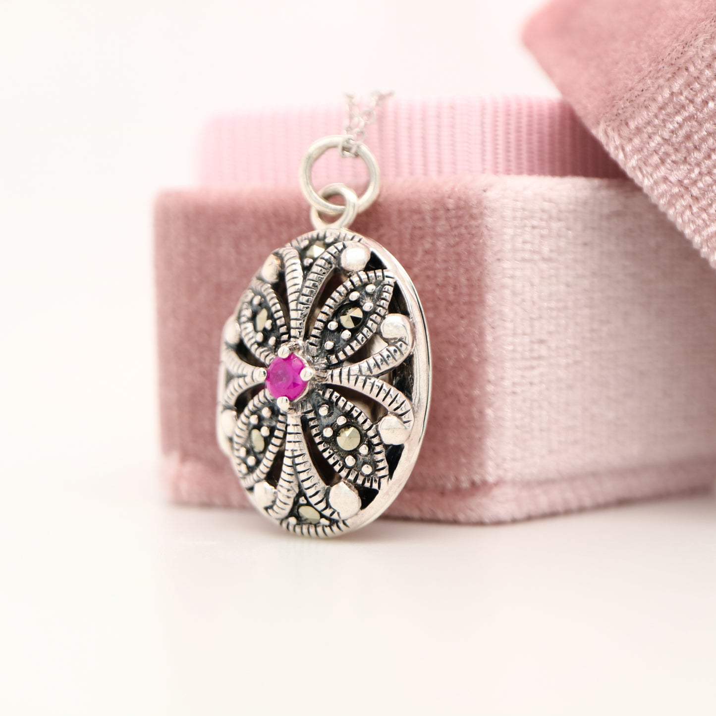 Flower Locket in Sterling Silver with Ruby and Marcasite