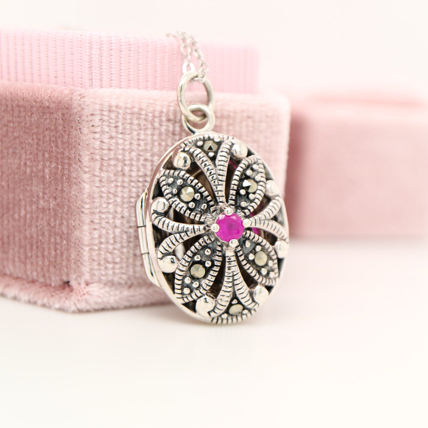 Flower Locket in Sterling Silver with Ruby and Marcasite