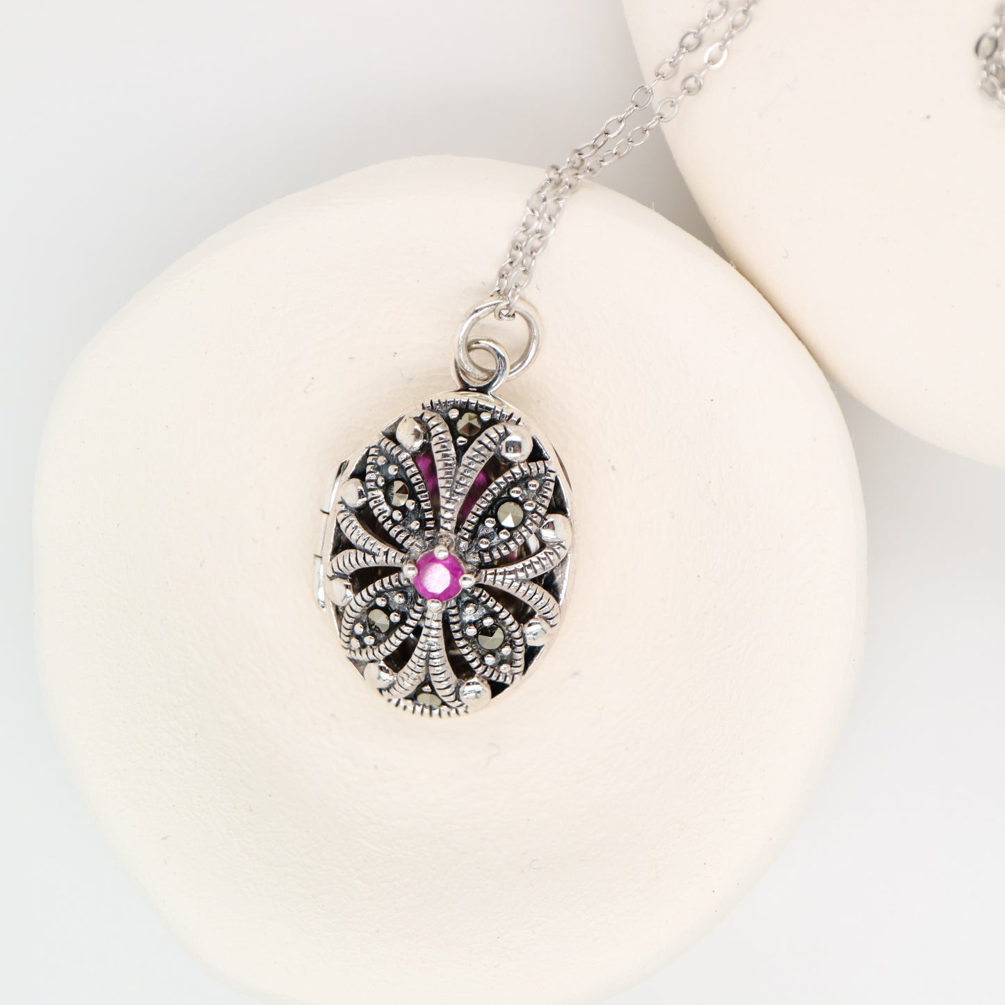 Flower Locket in Sterling Silver with Ruby and Marcasite