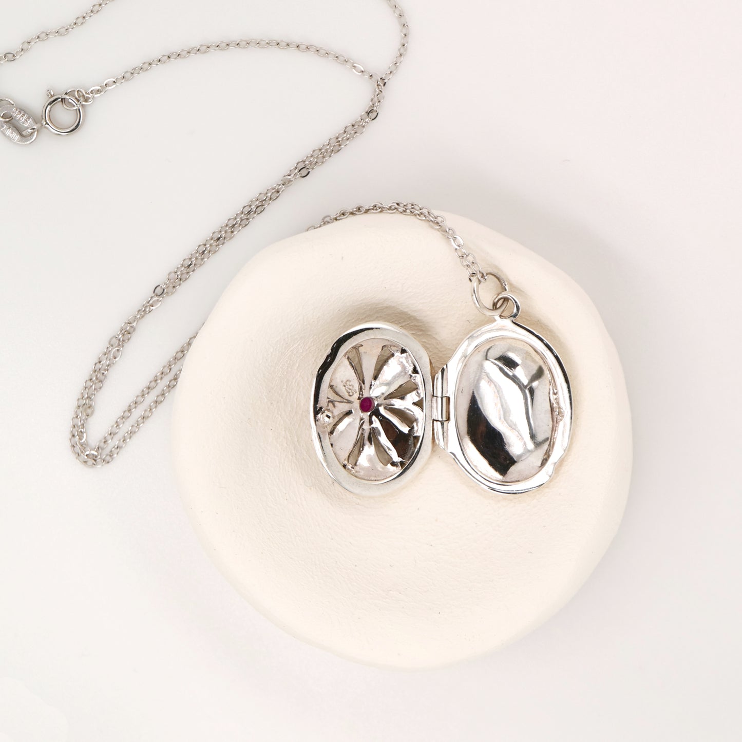 Flower Locket in Sterling Silver with Ruby and Marcasite