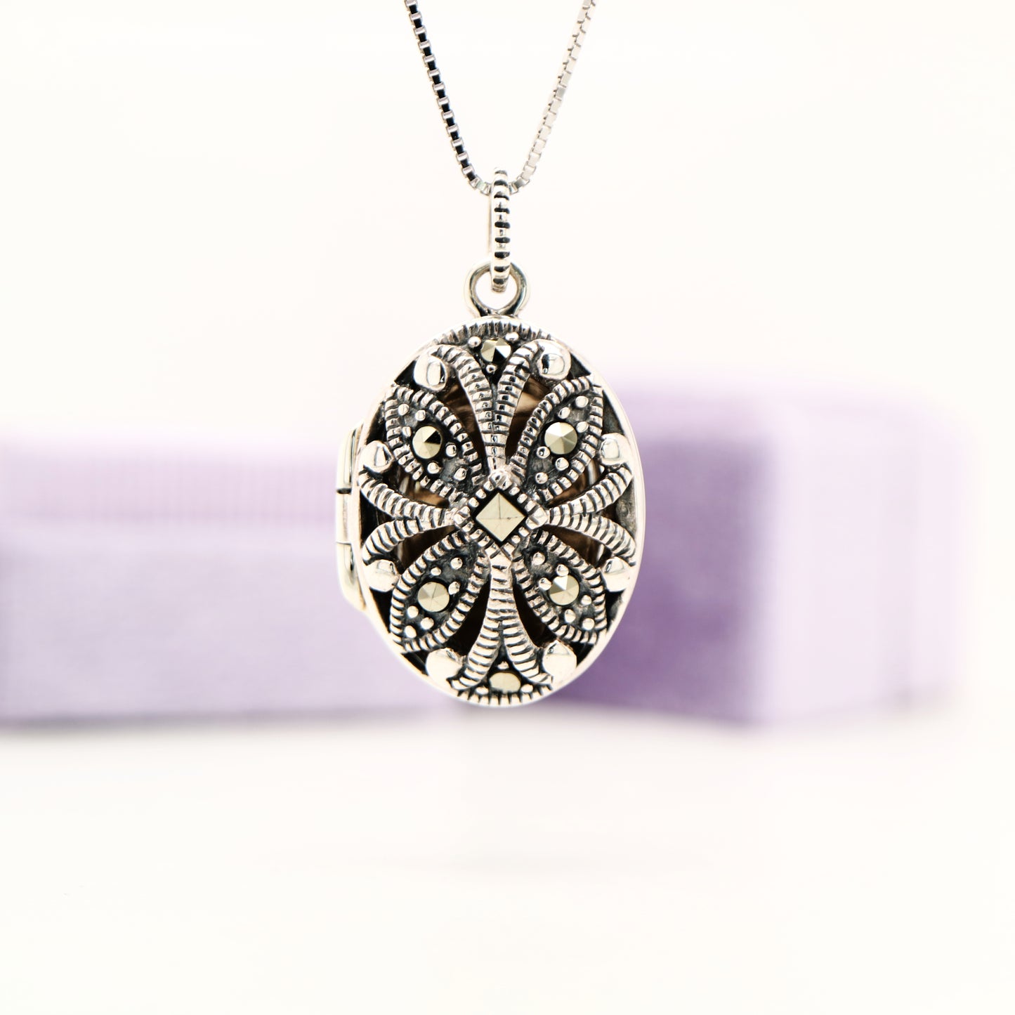 Flower Locket in Sterling Silver with Marcasite