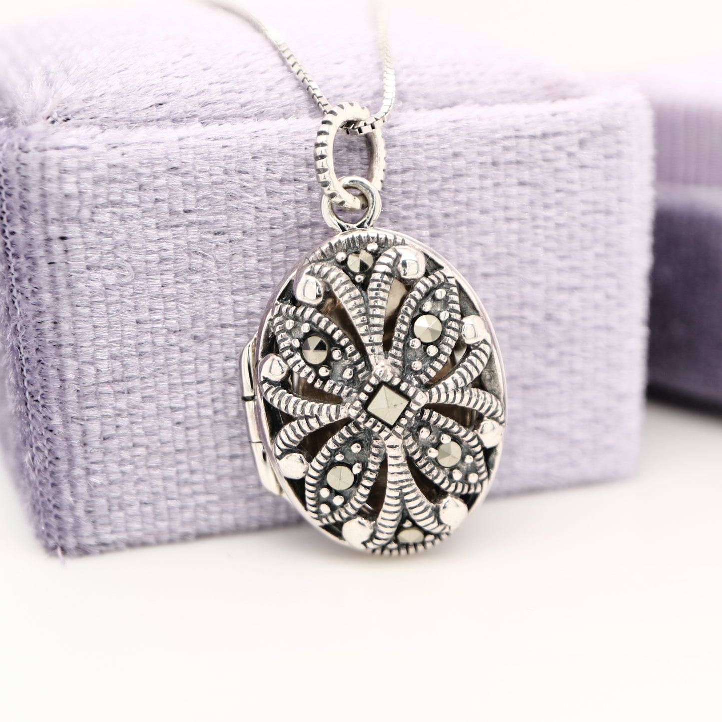 Flower Locket in Sterling Silver with Marcasite