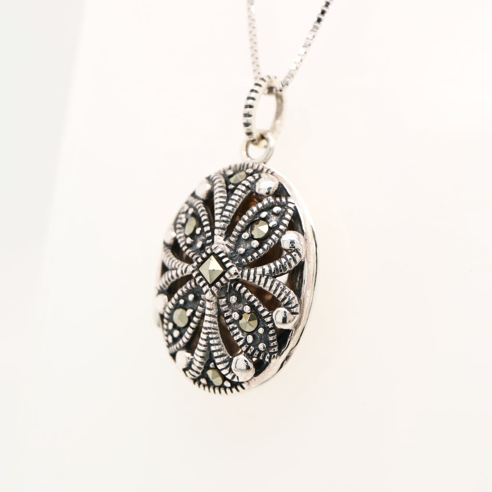 Flower Locket in Sterling Silver with Marcasite