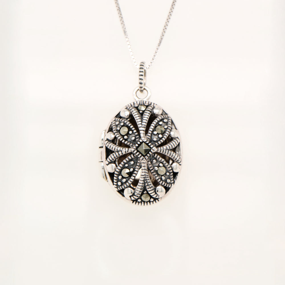 Flower Locket in Sterling Silver with Marcasite